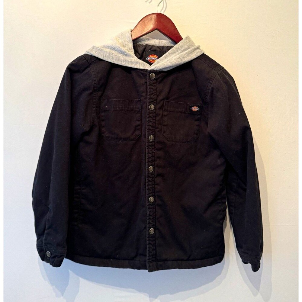 Dickies Girls 14-16 Hooded Canvas Jacket Black/Gray Button Front Long Sleeve